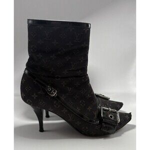 Louis Vuitton Black Canvas Monogram Boots Stiletto Heel Silver Buckle 36 6 Y2K